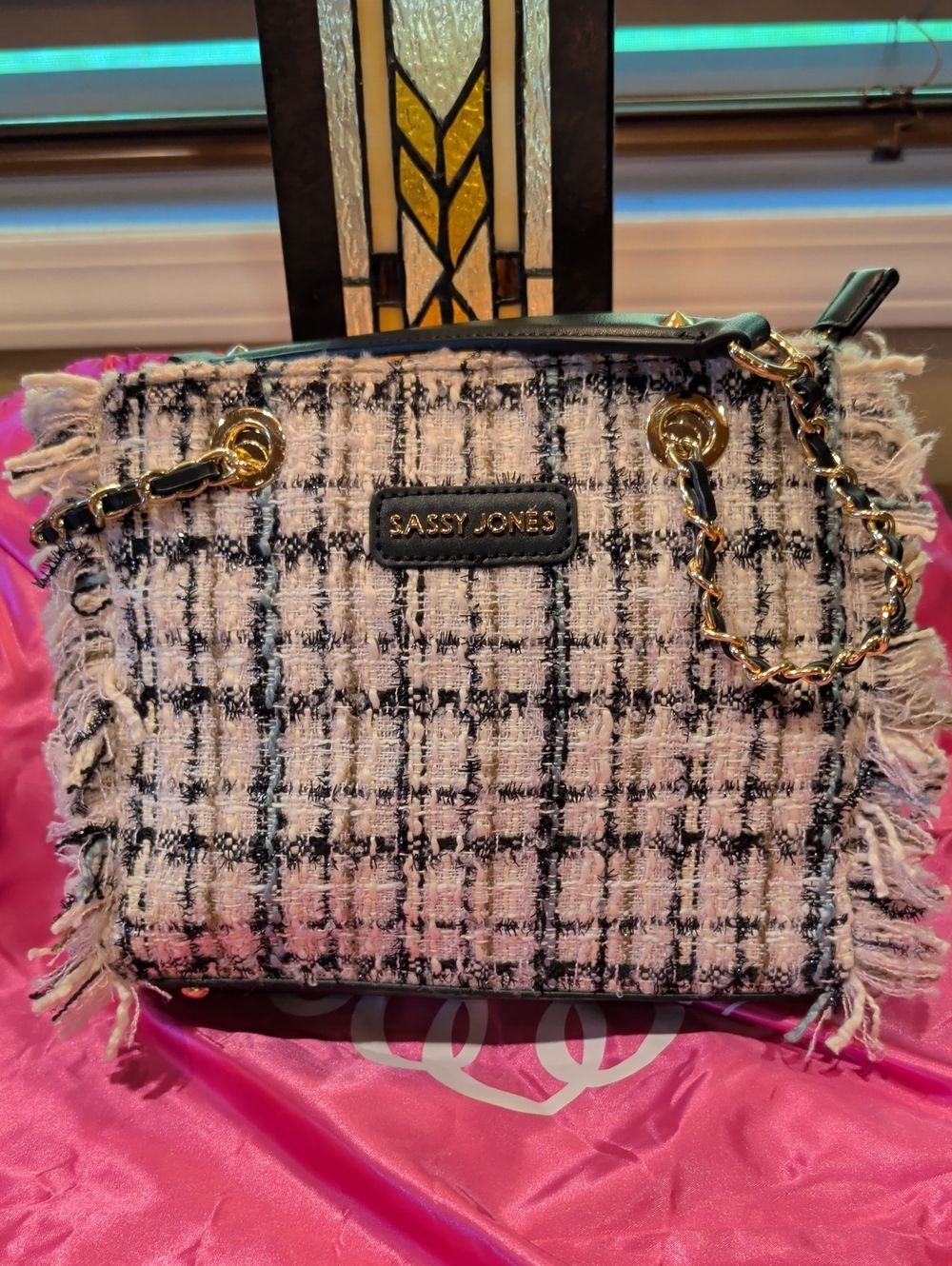 So Cute And Spirited Sassy Jones Pink Tweed Bag HSN Purse Chain Detail Sassy